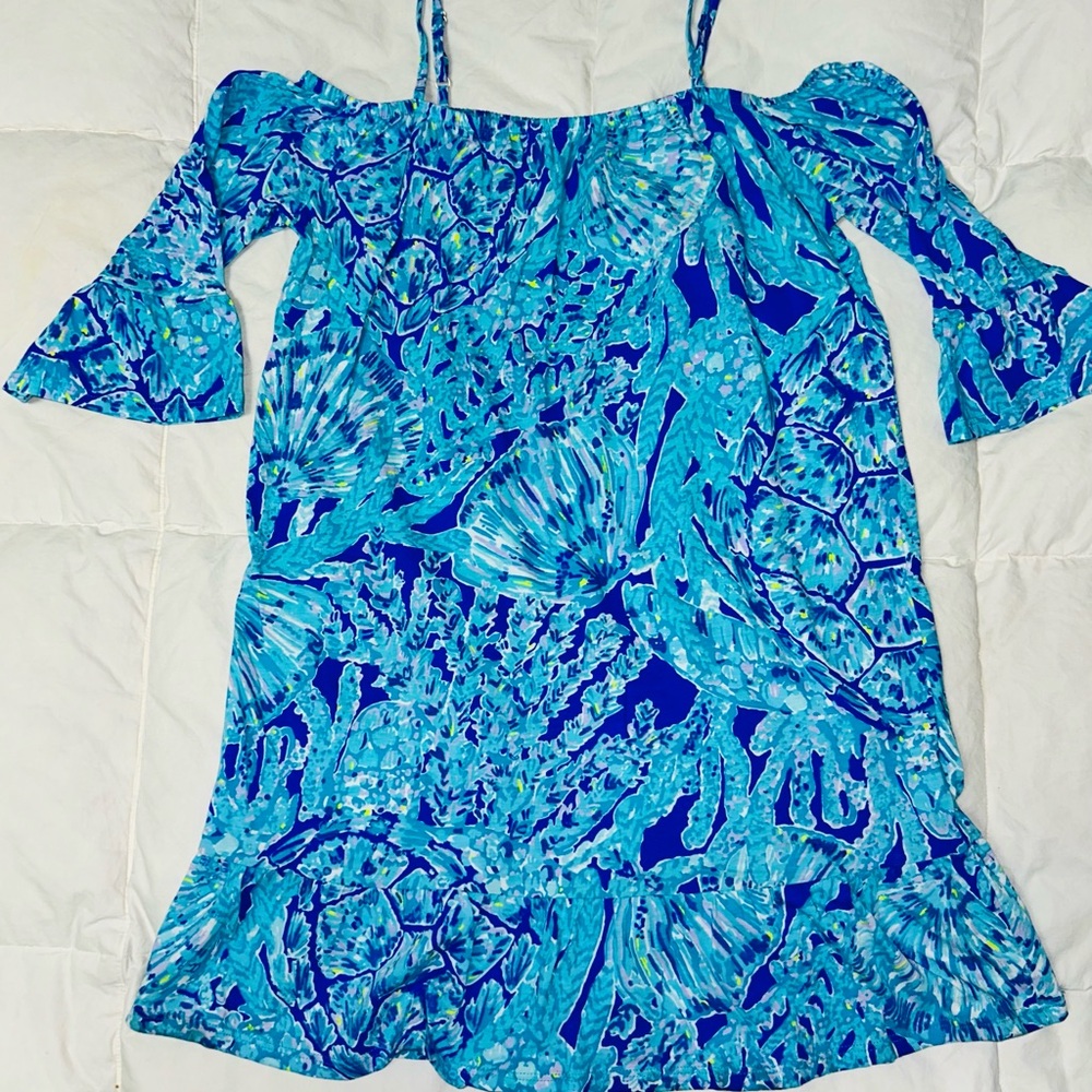 Lily Pulitzer Jaci off the shoulder dress ruffle hem sz 8-10 EUC smoke free